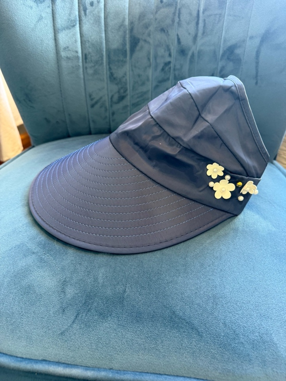 Blue Sun Visor Hat Ponytail Hole Wide Brim Foldable Floral Underside